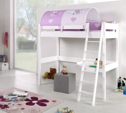 Hochbett Renate Buche Massiv Weiß lackiert mit Schreibtisch und Textilset