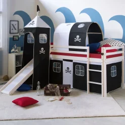 Hochbett Spielbett Kinderbett Rutsche Turm Vorhang schwarz 90x200 Jugendbett