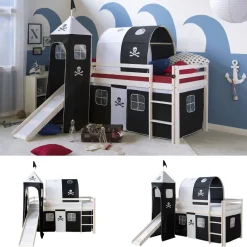 Hochbett Spielbett Kinderbett Rutsche Turm Vorhang schwarz 90x200 Jugendbett