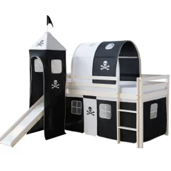 Hochbett Spielbett Kinderbett Rutsche Turm Vorhang schwarz 90x200 Jugendbett
