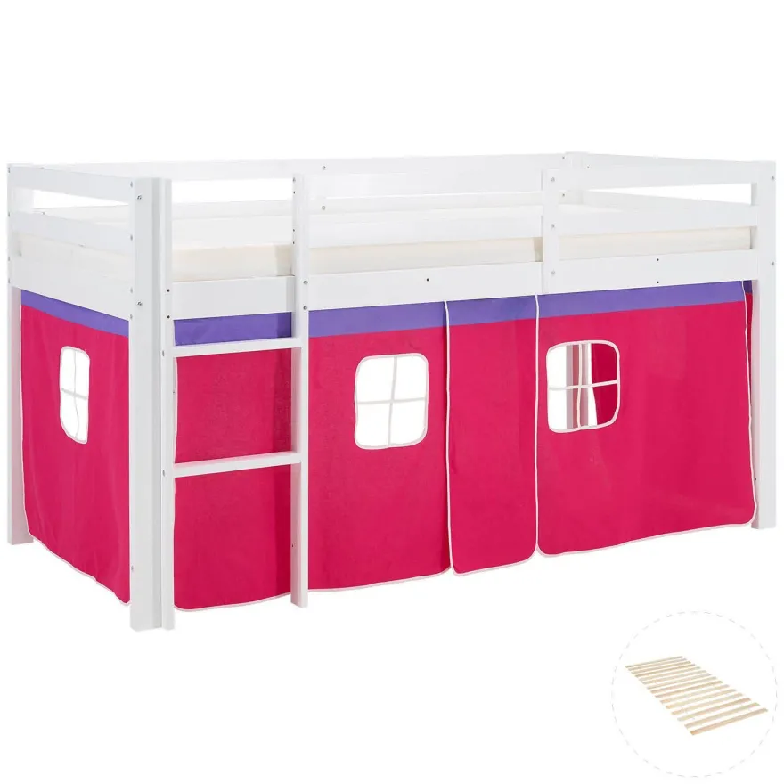 Hochbett 90x200 cm Stockbett Kinderbett Holz Kiefer Vorhang Turm Tunnel pink Rutsc