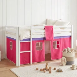 Hochbett 90x200 cm Stockbett Kinderbett Holz Kiefer Vorhang Turm Tunnel pink Rutsc