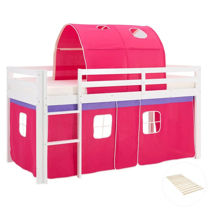 Hochbett 90x200 cm Stockbett Kinderbett Holz Kiefer Vorhang Turm Tunnel pink Rutsc