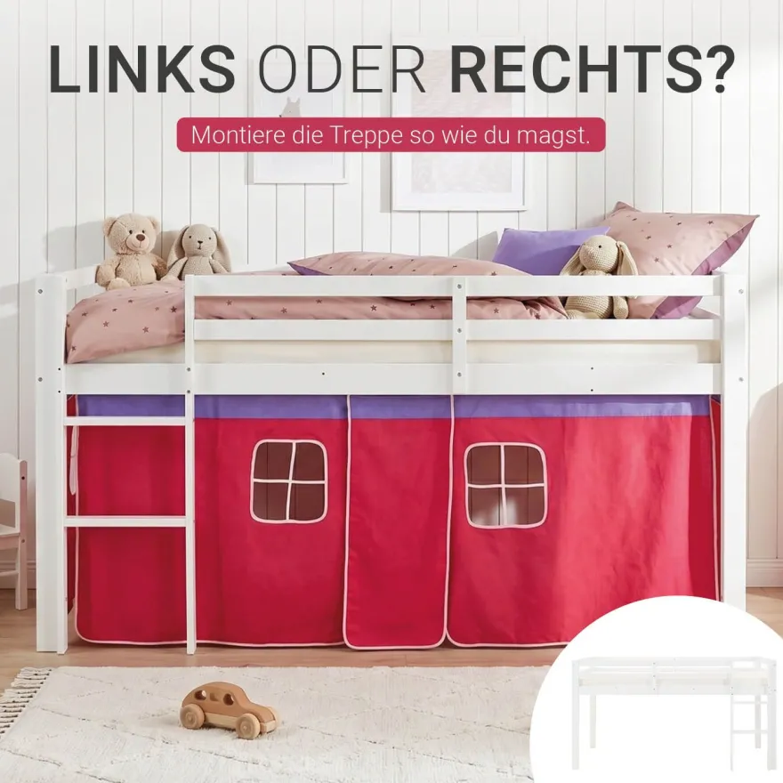 Hochbett 90x200 cm Stockbett Kinderbett Holz Kiefer Vorhang Turm Tunnel pink Rutsc