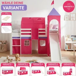 Hochbett 90x200 cm Stockbett Kinderbett Holz Kiefer Vorhang Turm Tunnel pink Rutsc