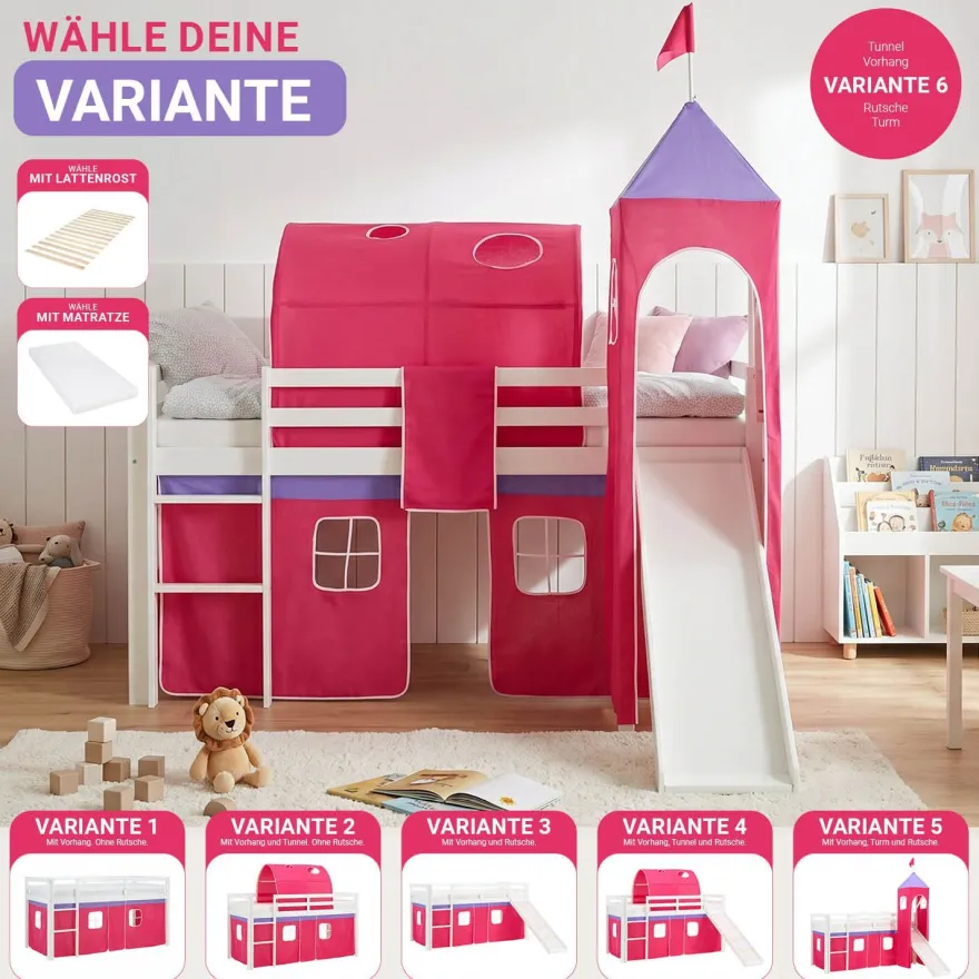 Hochbett 90x200 cm Stockbett Kinderbett Holz Kiefer Vorhang Turm Tunnel pink Rutsc