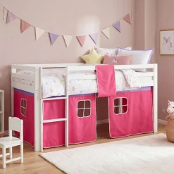Hochbett 90x200 cm Stockbett Kinderbett Holz Kiefer Vorhang Turm Tunnel pink Rutsc