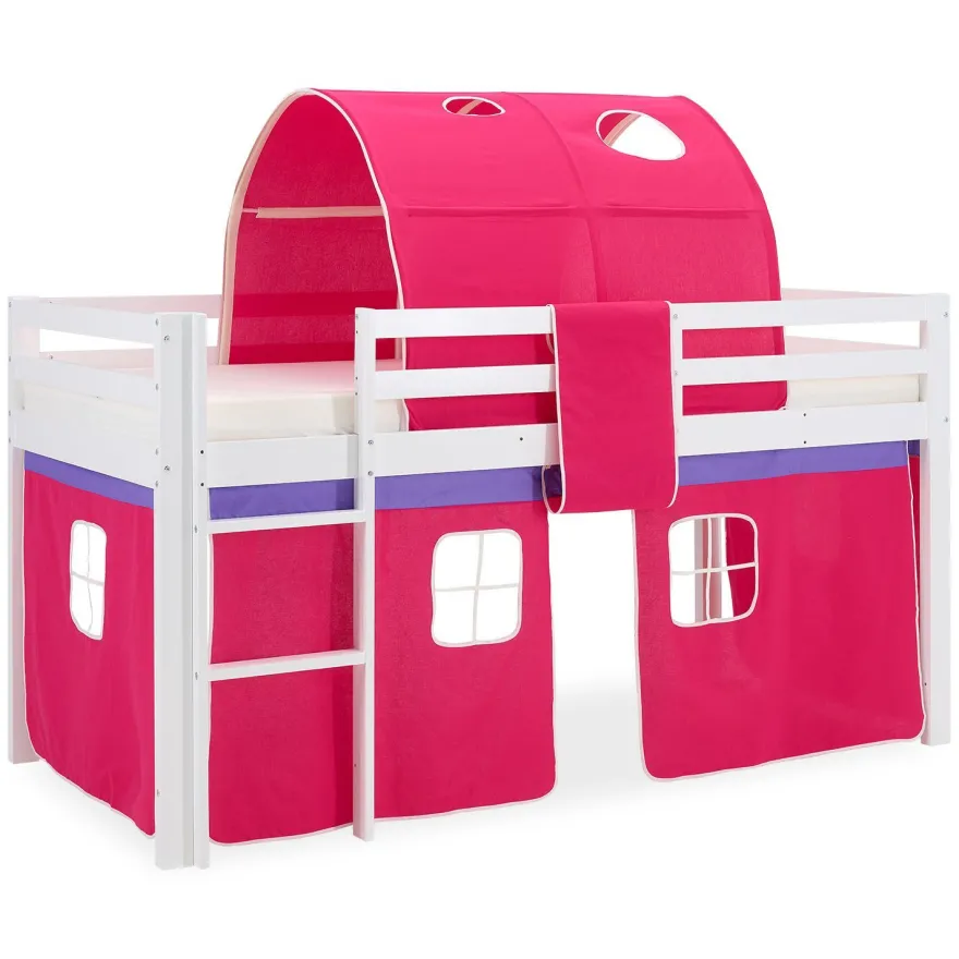 Hochbett 90x200 cm Stockbett Kinderbett Holz Kiefer Vorhang Turm Tunnel pink Rutsc