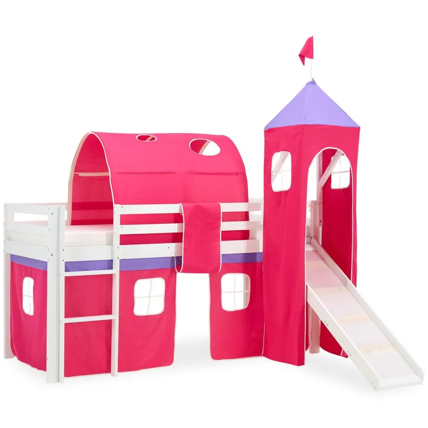 Hochbett 90x200 cm Stockbett Kinderbett Holz Kiefer Vorhang Turm Tunnel pink Rutsc