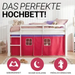 Hochbett 90x200 cm Stockbett Kinderbett Holz Kiefer Vorhang Turm Tunnel pink Rutsc