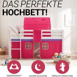 Hochbett 90x200 cm Stockbett Kinderbett Holz Kiefer Vorhang Turm Tunnel pink Rutsc
