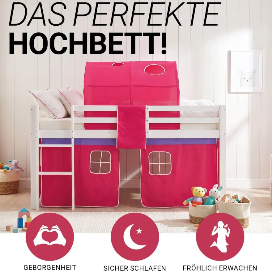 Hochbett 90x200 cm Stockbett Kinderbett Holz Kiefer Vorhang Turm Tunnel pink Rutsc