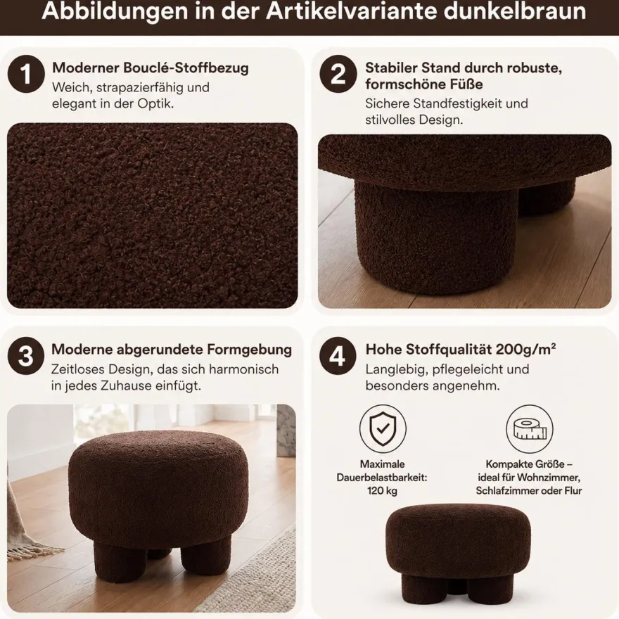 Hocker HWC-Q49, Sitzhocker Polsterhocker Pouf, Stoff/Textil Bouclé (200g/m²) 55cm