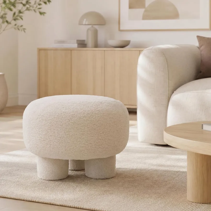 Hocker HWC-Q49, Sitzhocker Polsterhocker Pouf, Stoff/Textil Bouclé (200g/m²) 55cm