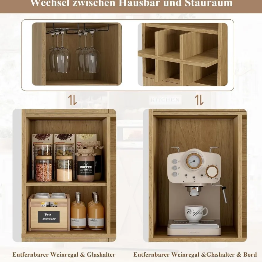 HOCSOK Küchenschrank Buffetschrank Sideboard mit Arbeitsplatte, 2 Glastüren und
