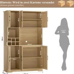 HOCSOK Küchenschrank Buffetschrank Sideboard mit Arbeitsplatte, 2 Glastüren und
