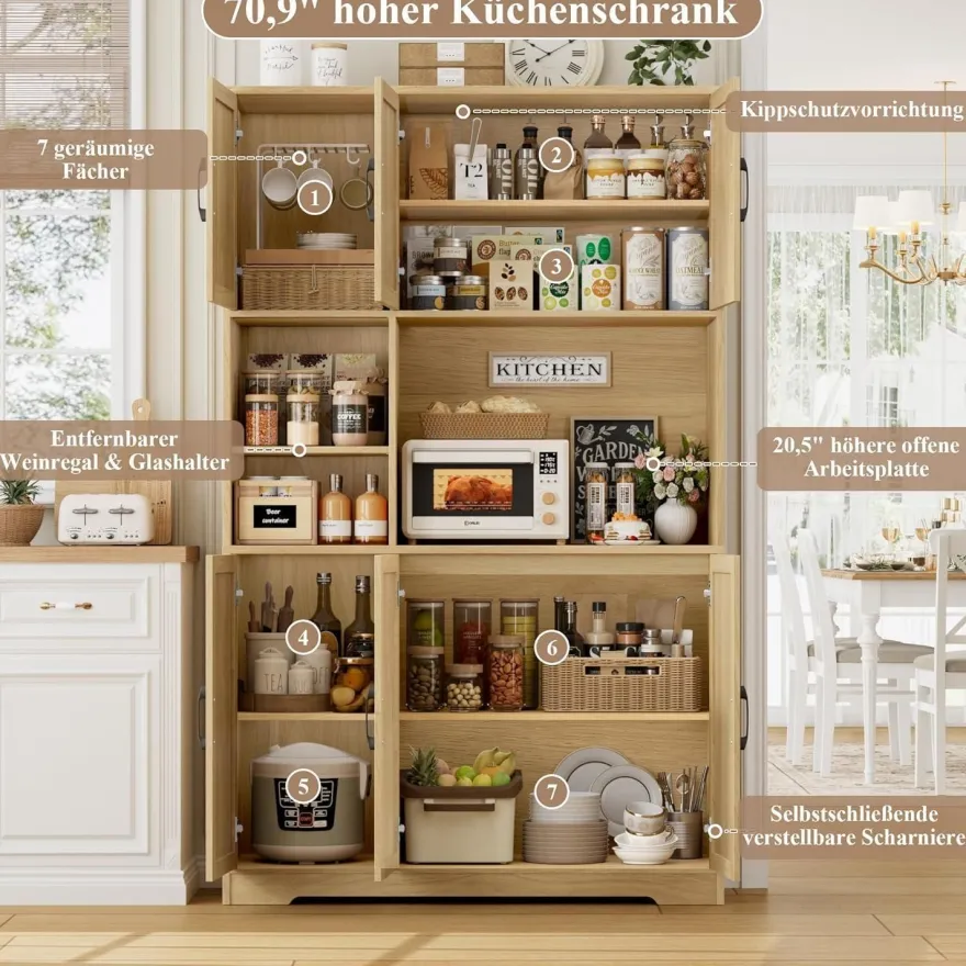 HOCSOK Küchenschrank Buffetschrank Sideboard mit Arbeitsplatte, 2 Glastüren und