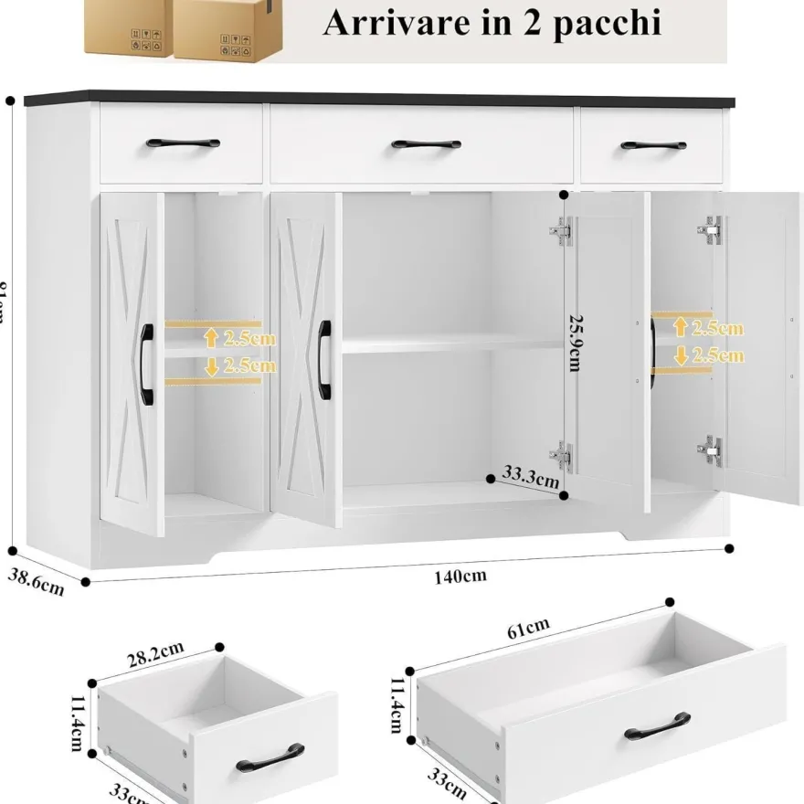 HOCSOK Sideboard 140 cm Breit: Küchenschrank mit 3 Schubladen und 4 Türen, Weiß
