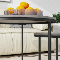 Hojinlinero Runder Couchtisch 2er-Set Wohnzimmer Holz Metallrahmen Grau