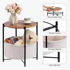 HollyHOME Beistelltisch mit Korb, Rund, Holz, Beige - Ideal für Wohnzimmer