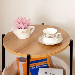 HollyHOME Beistelltisch mit Korb, Rund, Holz, Beige - Ideal für Wohnzimmer