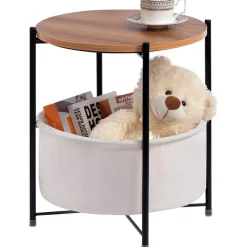 HollyHOME Beistelltisch mit Korb, Rund, Holz, Beige - Ideal für Wohnzimmer