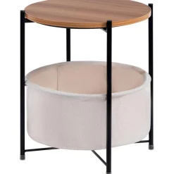 HollyHOME Beistelltisch mit Korb, Rund, Holz, Beige - Ideal für Wohnzimmer