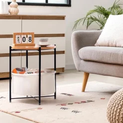 HollyHOME Beistelltisch mit Korb, Rund, Holz, Beige - Ideal für Wohnzimmer