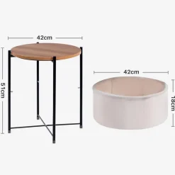 HollyHOME Beistelltisch mit Korb, Rund, Holz, Beige - Ideal für Wohnzimmer