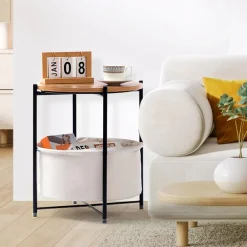 HollyHOME Beistelltisch mit Korb, Rund, Holz, Beige - Ideal für Wohnzimmer