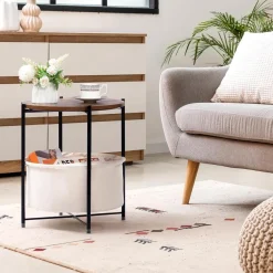 HollyHOME Kleiner Beistelltisch mit Korb, rund, Holz, Nachttisch für Wohnzimmer