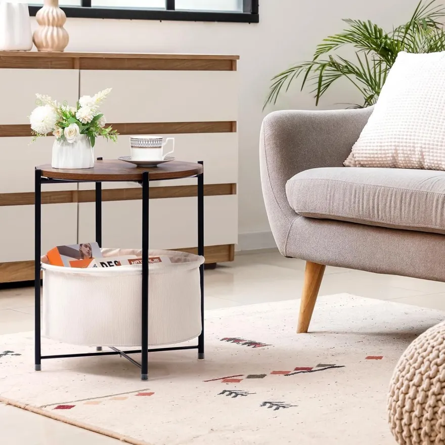 HollyHOME Kleiner Beistelltisch mit Korb, rund, Holz, Nachttisch für Wohnzimmer