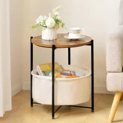 HollyHOME Kleiner Beistelltisch mit Korb, rund, Holz, Nachttisch für Wohnzimmer