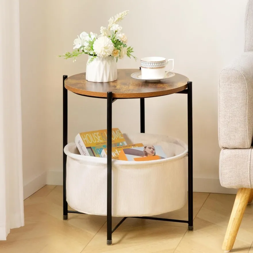 HollyHOME Kleiner Beistelltisch mit Korb, rund, Holz, Nachttisch für Wohnzimmer