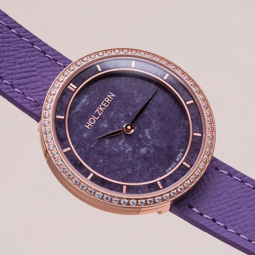 Holzkern Damenuhr Coralline Amethyst/Roségoldfarben mit 2 Bändern