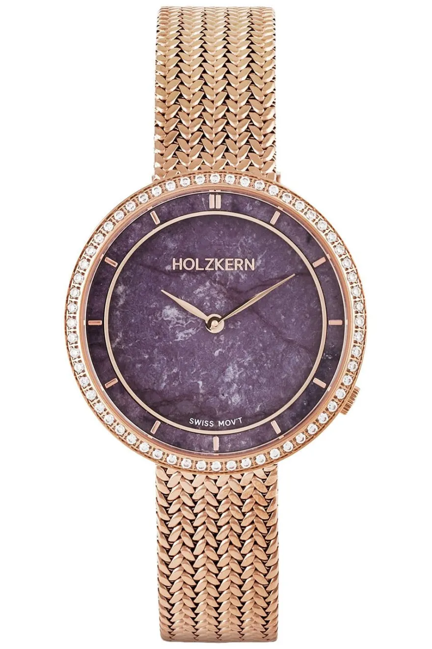 Holzkern Damenuhr Coralline Amethyst/Roségoldfarben mit 2 Bändern