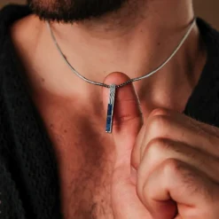Holzkern Schmuck Herren-Halskette Edelstahl Campania Sodalith/Damast
