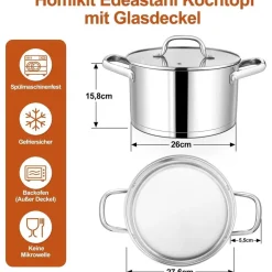 Homikit Kochtopf 7,6L aus Edelstahl, Induktionstauglich, 26cm Durchmesser, mit