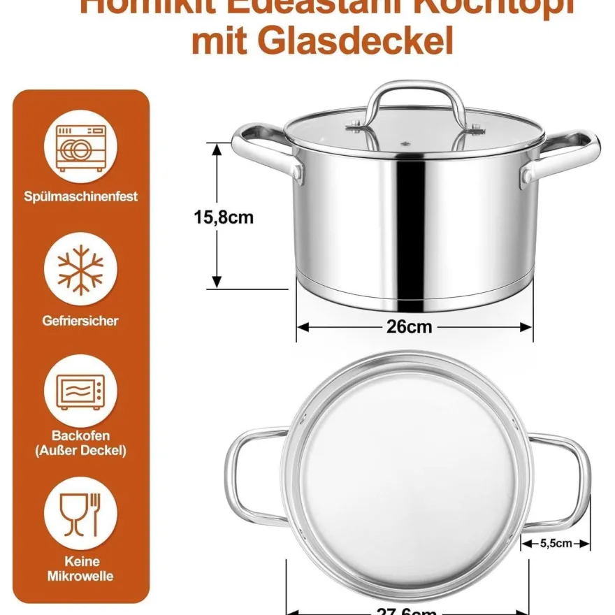 Homikit Kochtopf 7,6L aus Edelstahl, Induktionstauglich, 26cm Durchmesser, mit