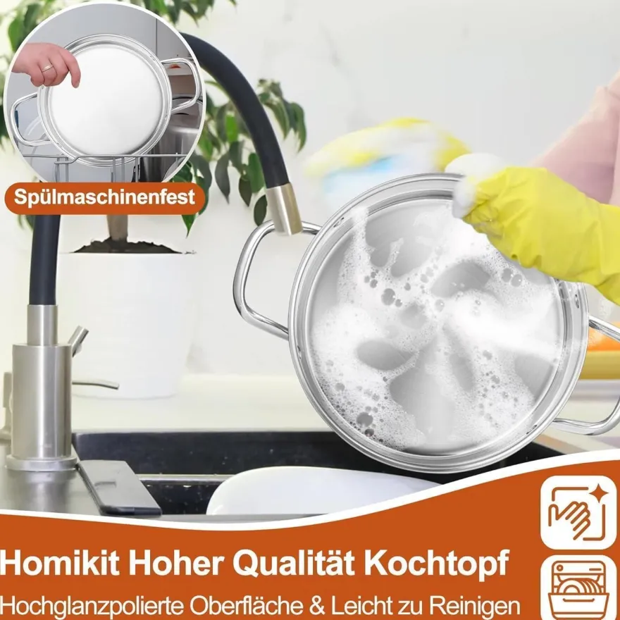 Homikit Kochtopf 7,6L aus Edelstahl, Induktionstauglich, 26cm Durchmesser, mit