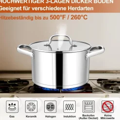 Homikit Kochtopf 7,6L aus Edelstahl, Induktionstauglich, 26cm Durchmesser, mit