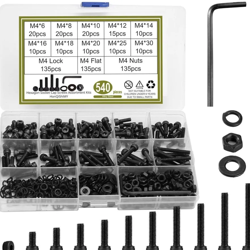 HonQiShiMY 540M4 Schrauben-Set M4 Sechskant, Schwarz Vernickelt, 540 Teile