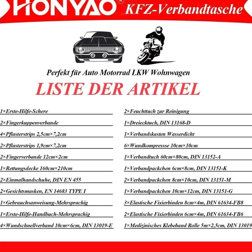 HONYAO Verbandskasten Auto 2026 - KFZ-Verbandtasche nach DIN 13164, Erste Hilfe