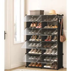 HOOBRO Schuhregal 8 Fächer Schuhschrank Würfelregal Tür 32 Paar Schuhe Schwarz