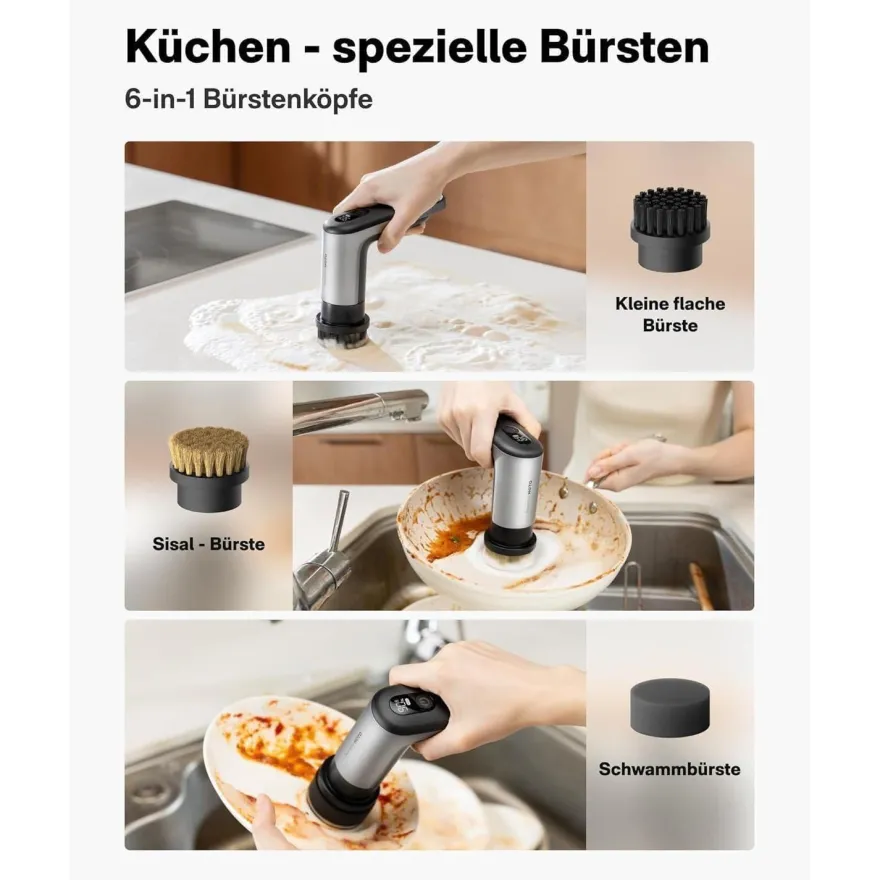 HOTO Akku Elektrische Reinigungsbürste mit 6 Bürstenköpfen, IPX7 Wasserdicht