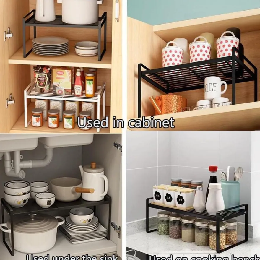 HQahnekme Küchenschrank Organizer Regaleinsatz mit Anti-Rutsch Matte, Schwarz