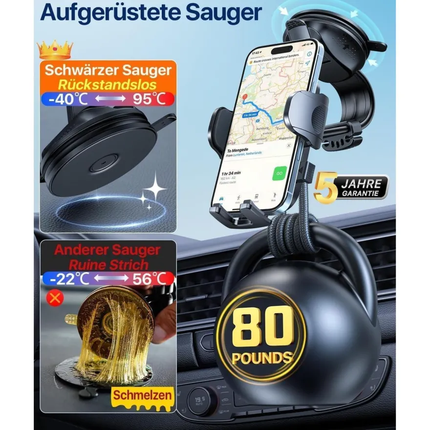 HTU Kfz Handyhalterung Auto mit Saugnapf & Lüftung, biegsamer Arm, 360°
