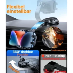 HTU Kfz Handyhalterung Auto mit Saugnapf & Lüftung, biegsamer Arm, 360°