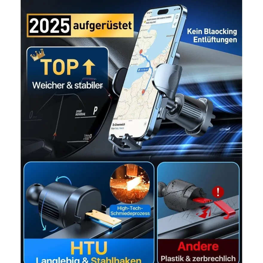 HTU Kfz Handyhalterung Auto mit Saugnapf & Lüftung, biegsamer Arm, 360°