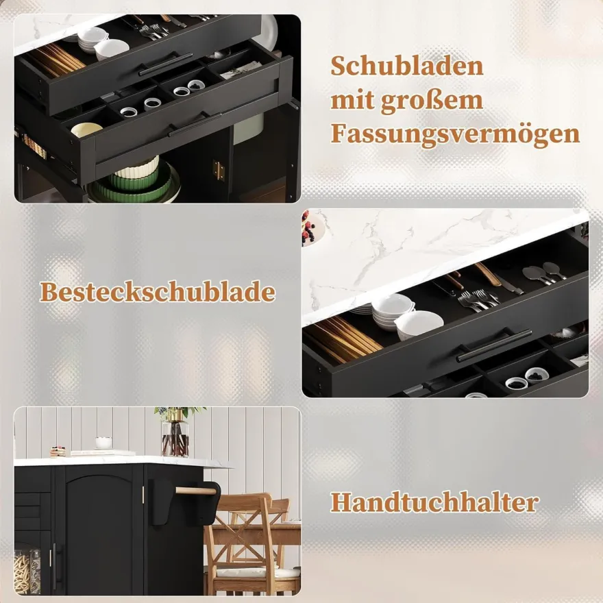 Huayz Kücheninsel mit Arbeitsplatte, freistehender Küchenwagen mit 5 Rädern